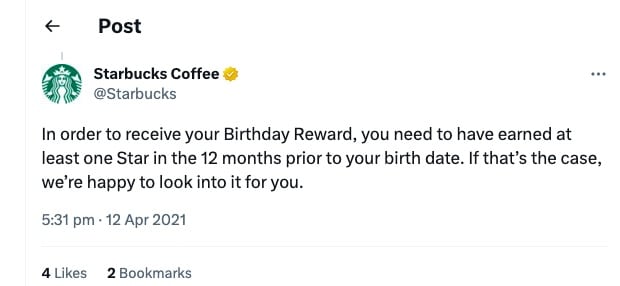 Starbucks birthday reward not showing up 2023