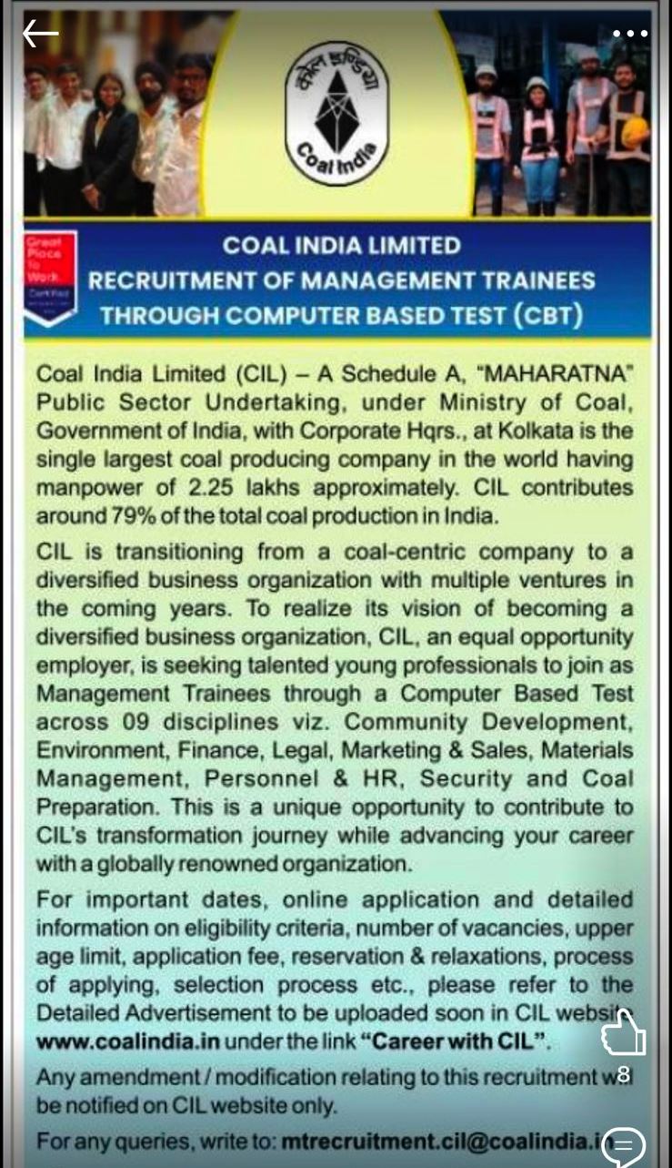 Coal India Management Trainee Recruitment 2025: All Details